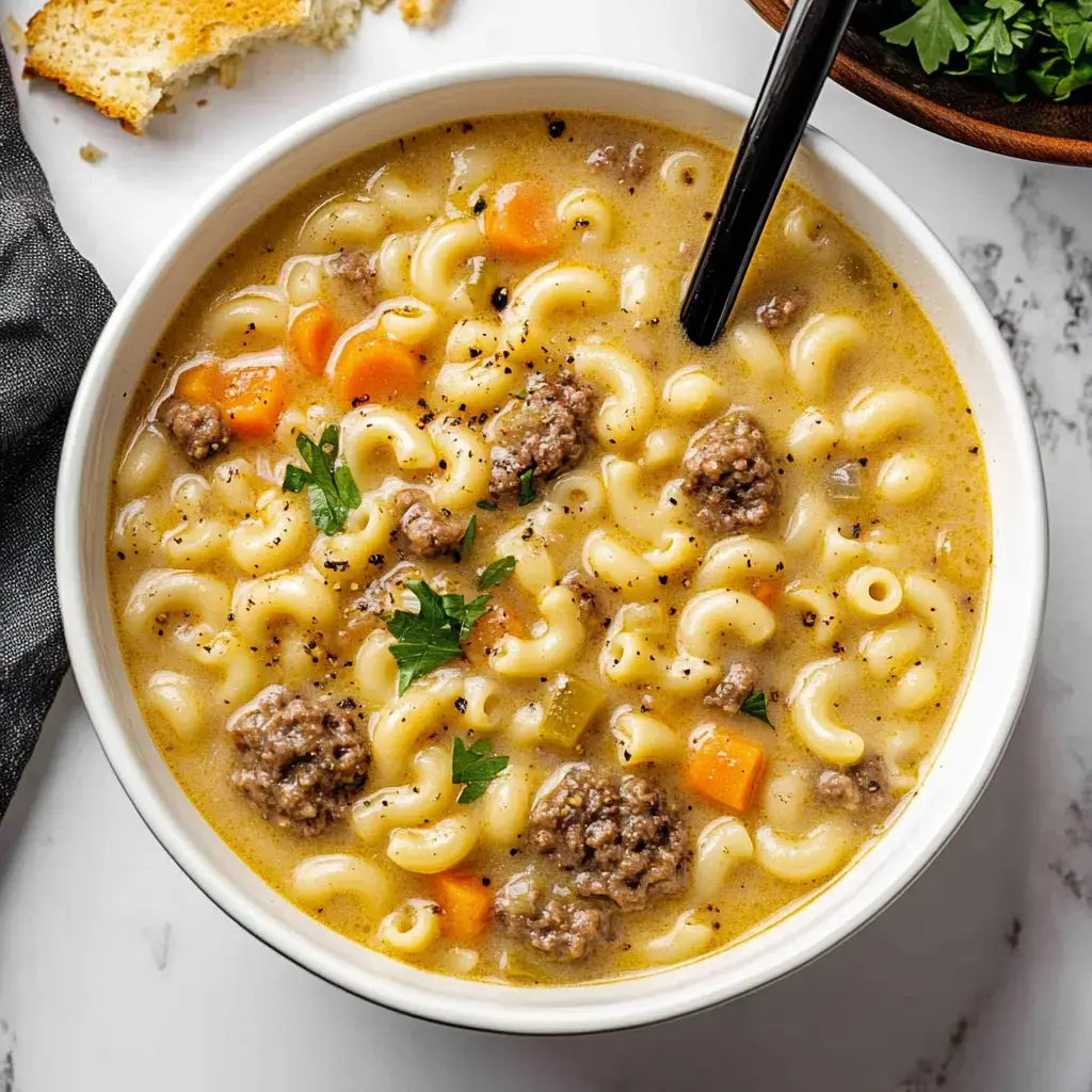 A bowl of creamy pasta soup with ground beef, macaroni, carrots, and parsley, accompanied by a piece of toasted bread.