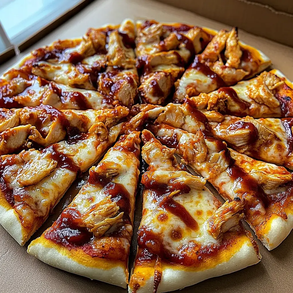 A close-up view of a pizza topped with pieces of chicken and barbecue sauce, cut into slices.