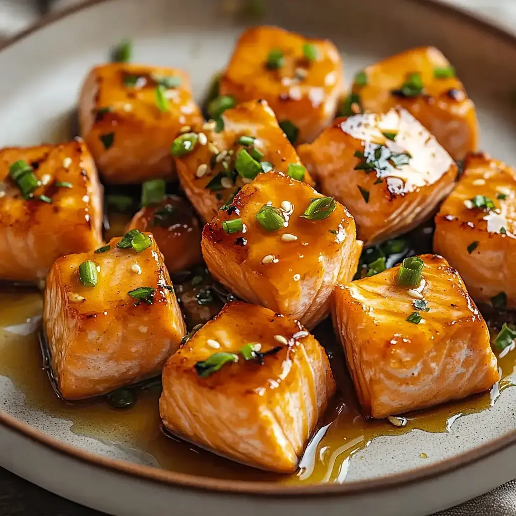 A plate of sautéed salmon cubes garnished with green onions and sesame seeds, drizzled with a glossy sauce.