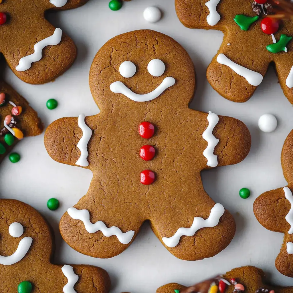 A close-up of decorated gingerbread cookies, featuring a smiling gingerbread man with red and white icing accents.