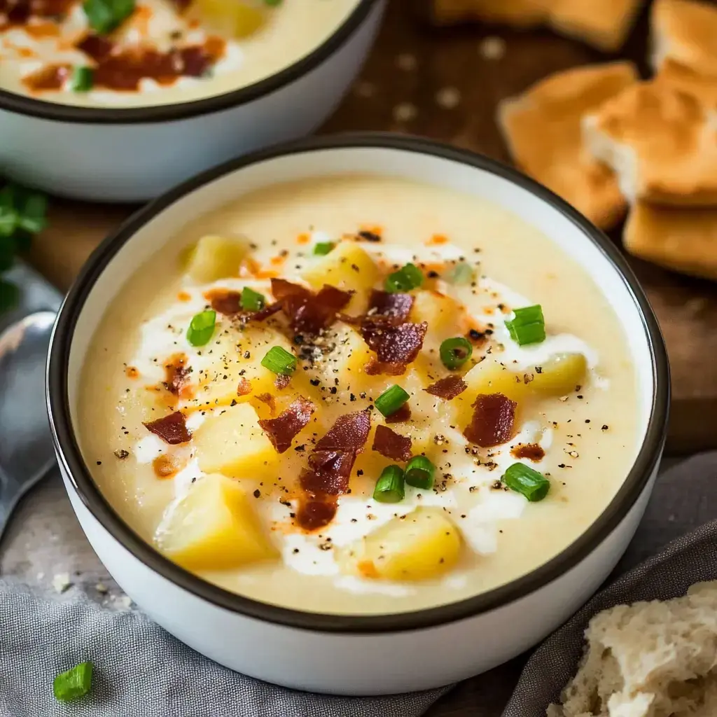 A bowl of creamy potato soup topped with bacon, diced green onions, and visible chunks of potato, accompanied by pieces of bread.