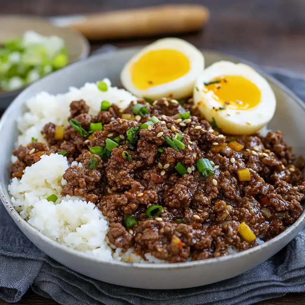 A bowl of rice topped with savory ground beef, garnished with green onions and sesame seeds, alongside two halved soft-boiled eggs.