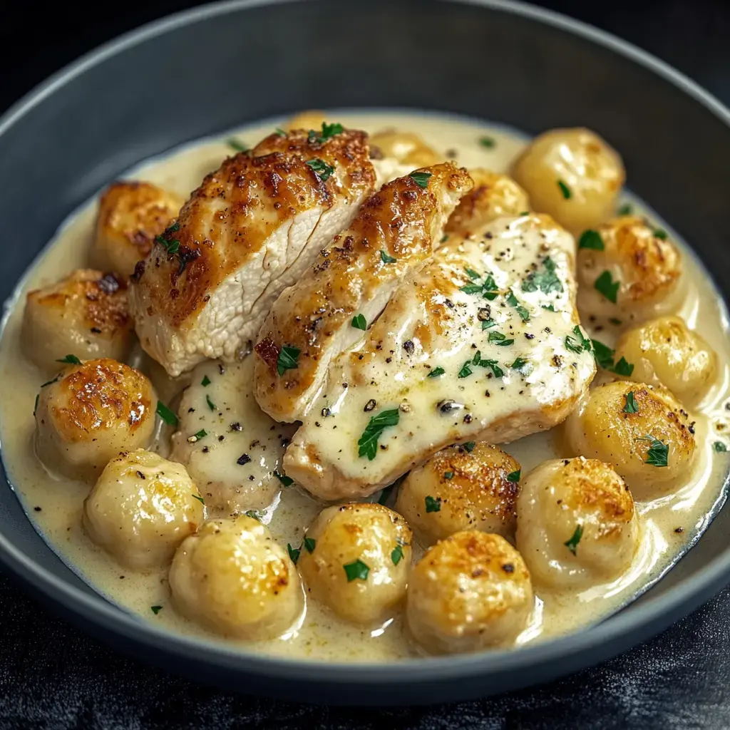 A plate of sliced chicken breast in a creamy sauce, accompanied by golden-brown potato gnocchi and garnished with fresh parsley.