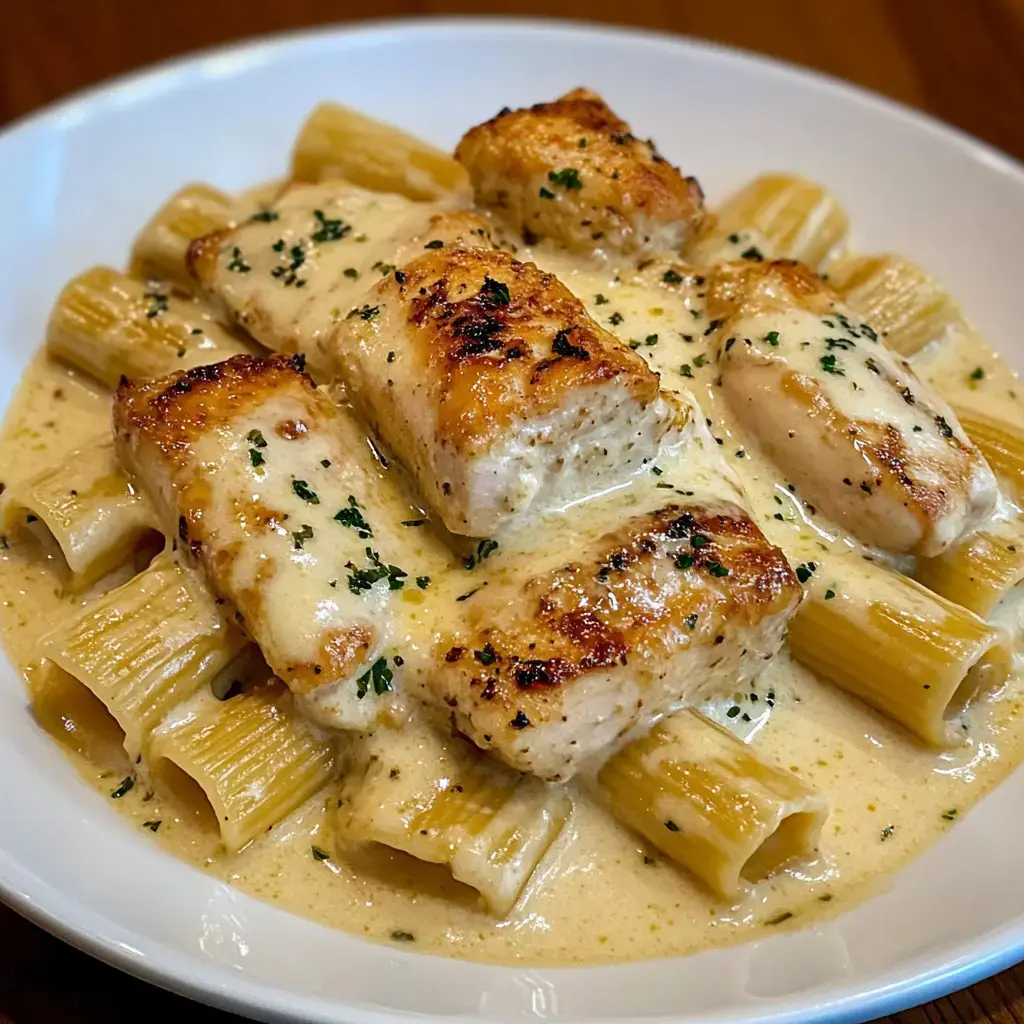 A plate of rigatoni pasta topped with grilled pieces of chicken in a creamy sauce, garnished with parsley.