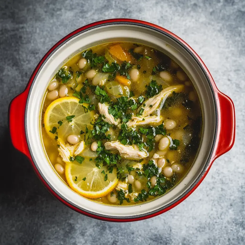 A vibrant bowl of chicken soup featuring white beans, lemon slices, shredded chicken, and fresh herbs.