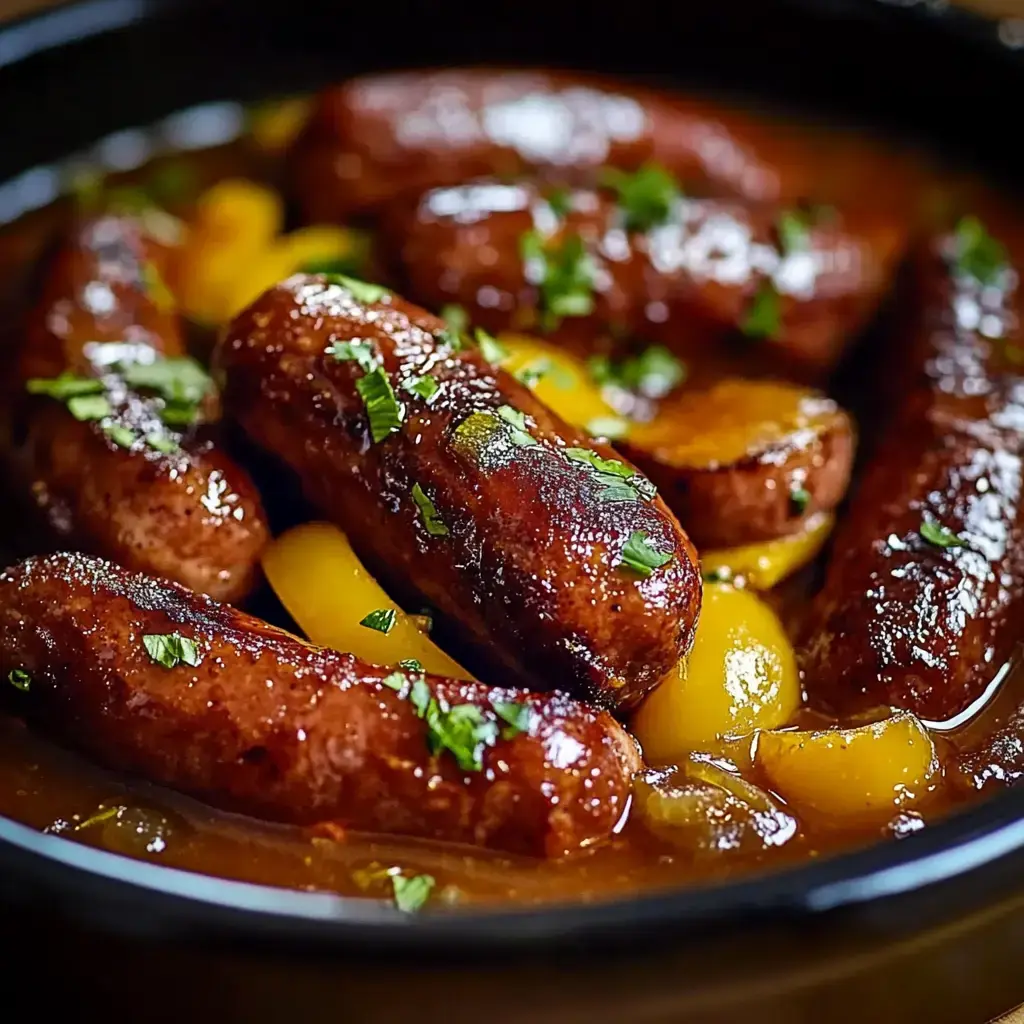 A close-up image of succulent sausages simmered in a rich sauce, garnished with fresh herbs and accompanied by pieces of yellow fruit.