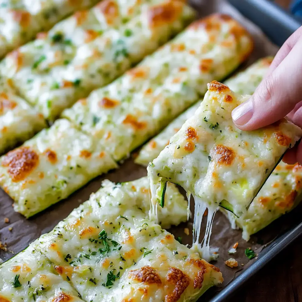 A hand is lifting a cheesy, baked zucchini stick from a tray of golden-brown, melted cheese-topped zucchini pieces.