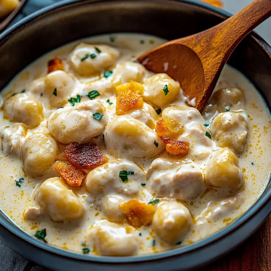 A close-up of a bowl of creamy gnocchi topped with crispy bacon bits and garnished with herbs.