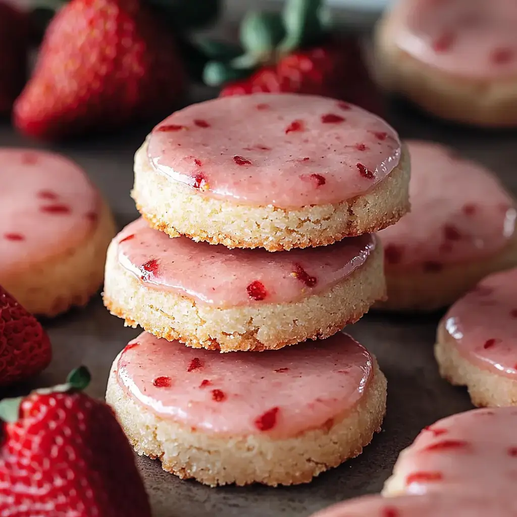 A stack of round, strawberry-glazed cookies is surrounded by fresh strawberries on a dark surface.