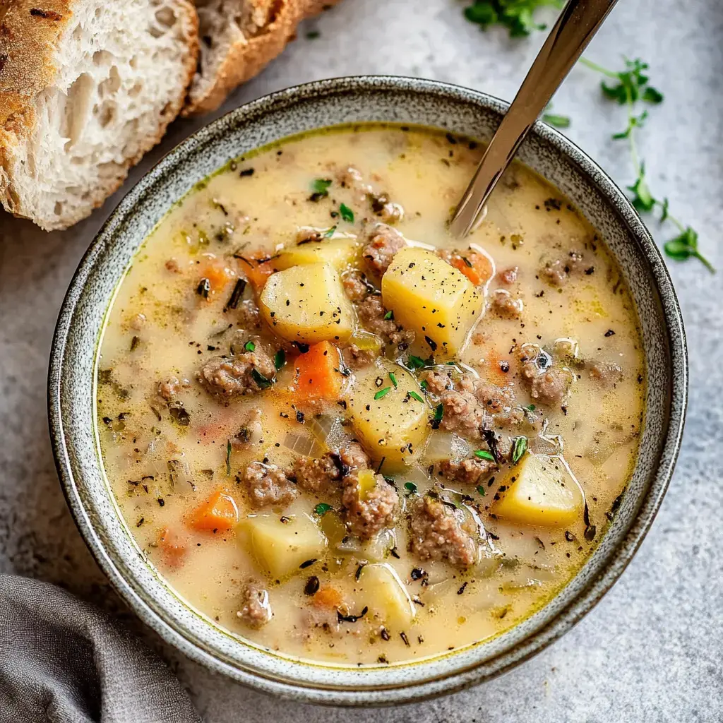 A bowl of creamy soup containing ground meat, potatoes, carrots, and herbs, accompanied by slices of bread.