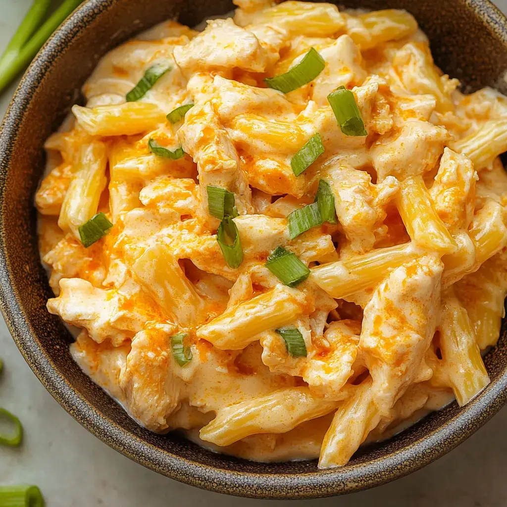 A bowl of creamy pasta with diced chicken and sprinkled green onions.