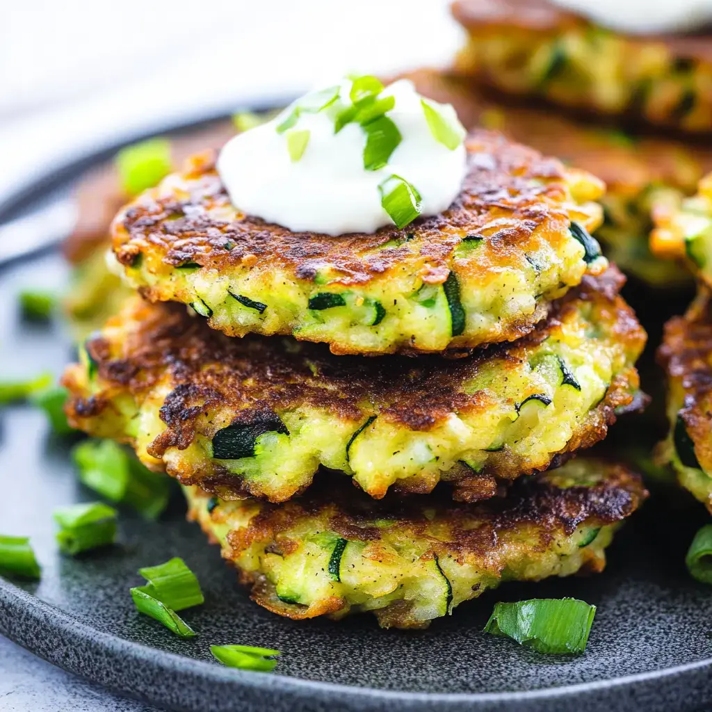 A stack of golden-brown zucchini fritters topped with a dollop of sour cream and garnished with chopped green onions on a black plate.