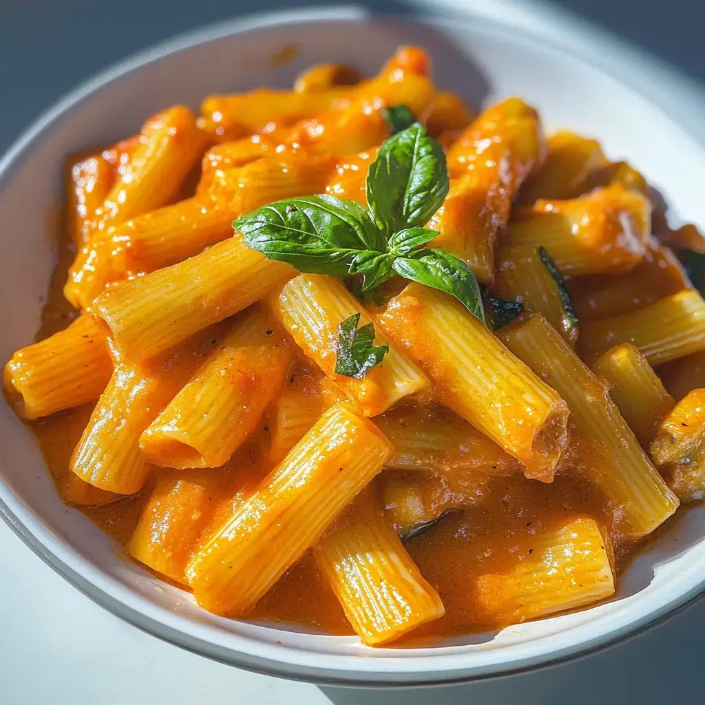 A bowl of rigatoni pasta coated in a creamy tomato sauce, garnished with fresh basil leaves.