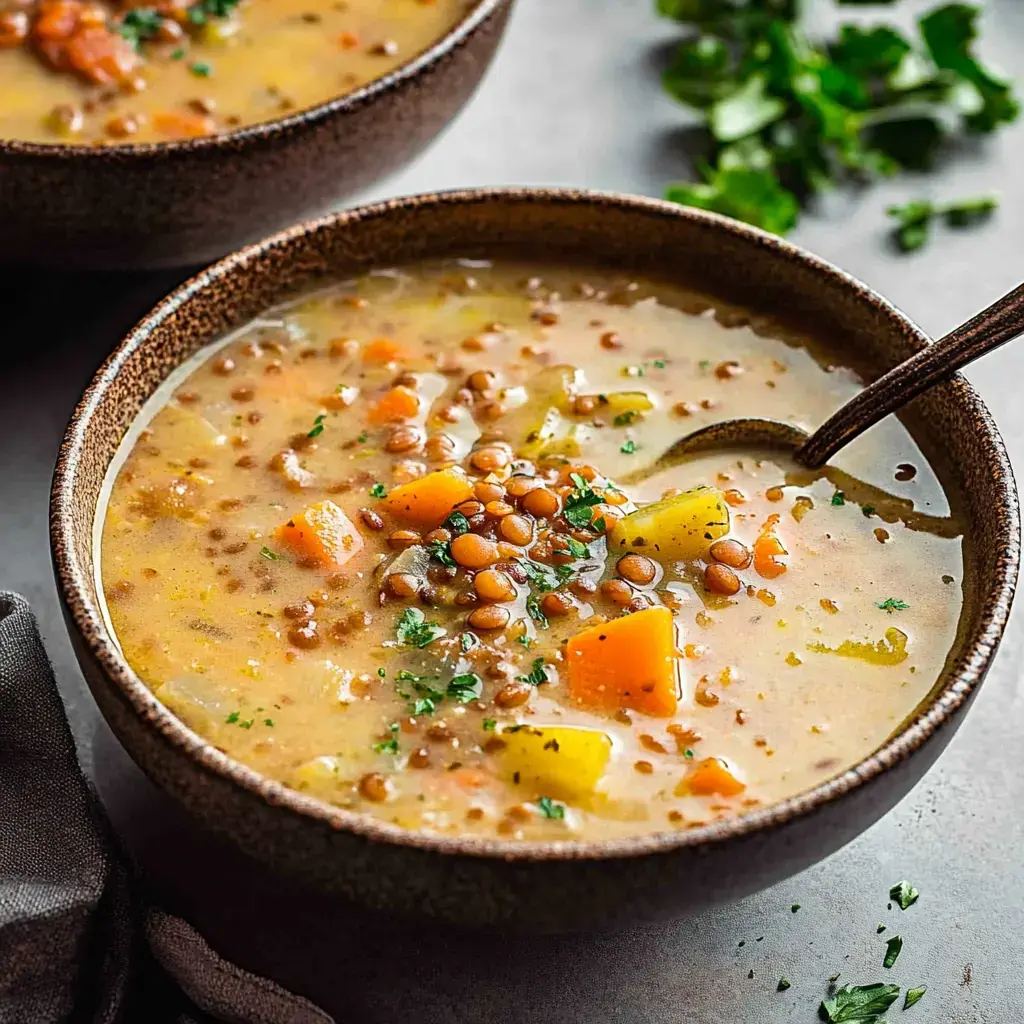 A close-up of a bowl of lentil soup with diced vegetables and a spoon resting inside, garnished with fresh herbs.