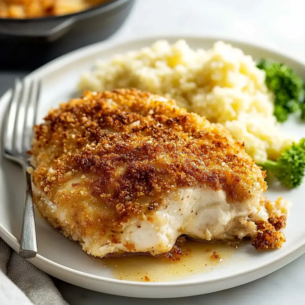 A plate of baked chicken with a crispy topping, served alongside fluffy rice and steamed broccoli.