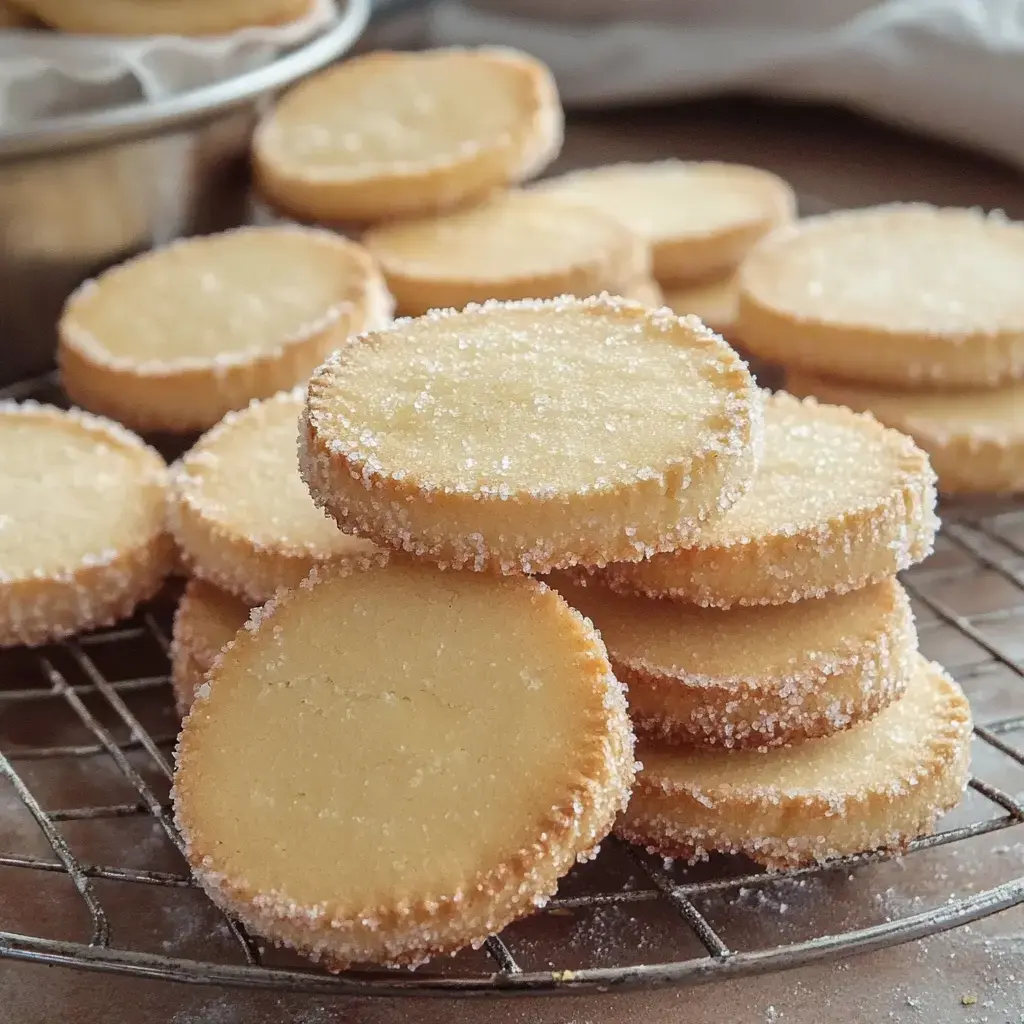 A close-up of round, light-colored sugar cookies arranged on a cooling rack, some sprinkled with sugar.