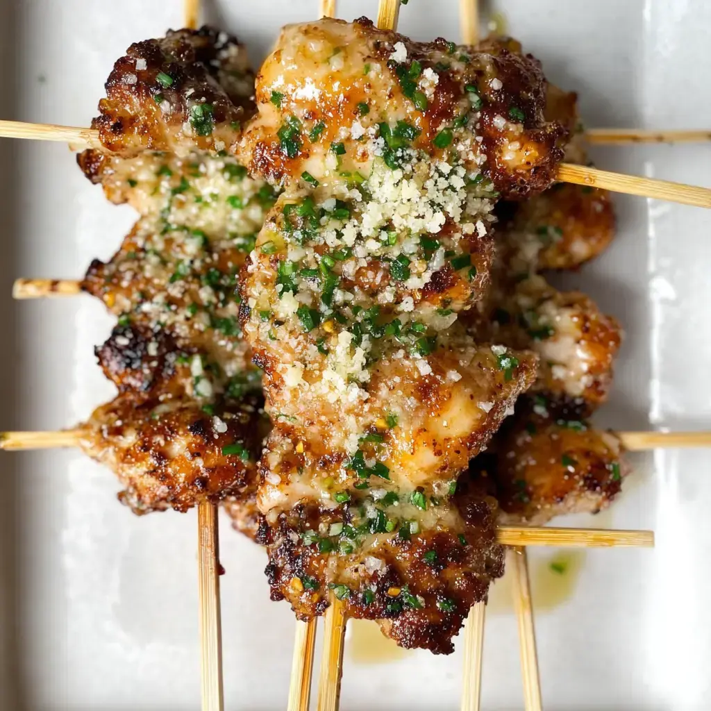 A close-up image of grilled skewers topped with herbs and grated cheese on a white plate.