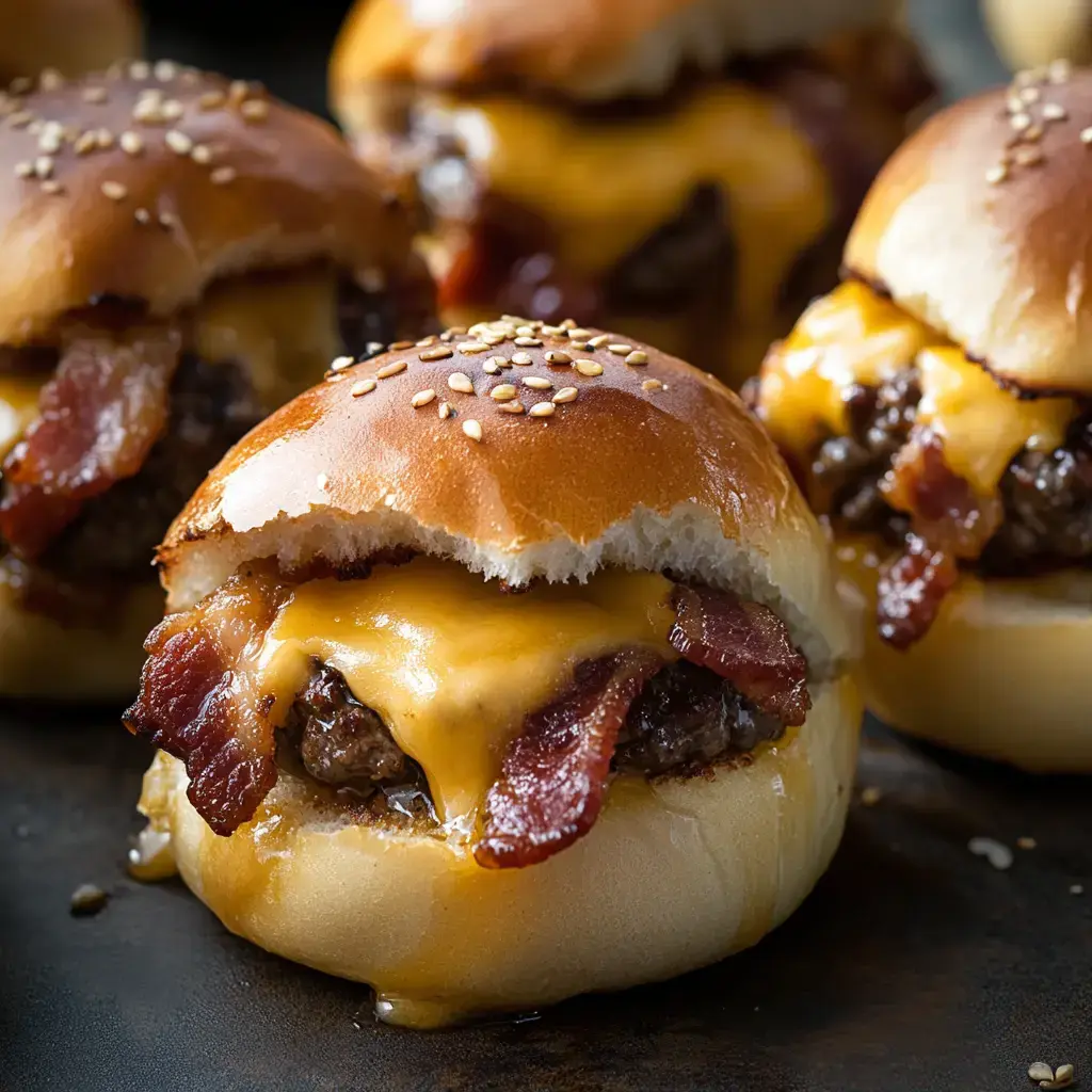 Close-up of several bacon cheeseburgers with melting cheese and sesame seed buns.