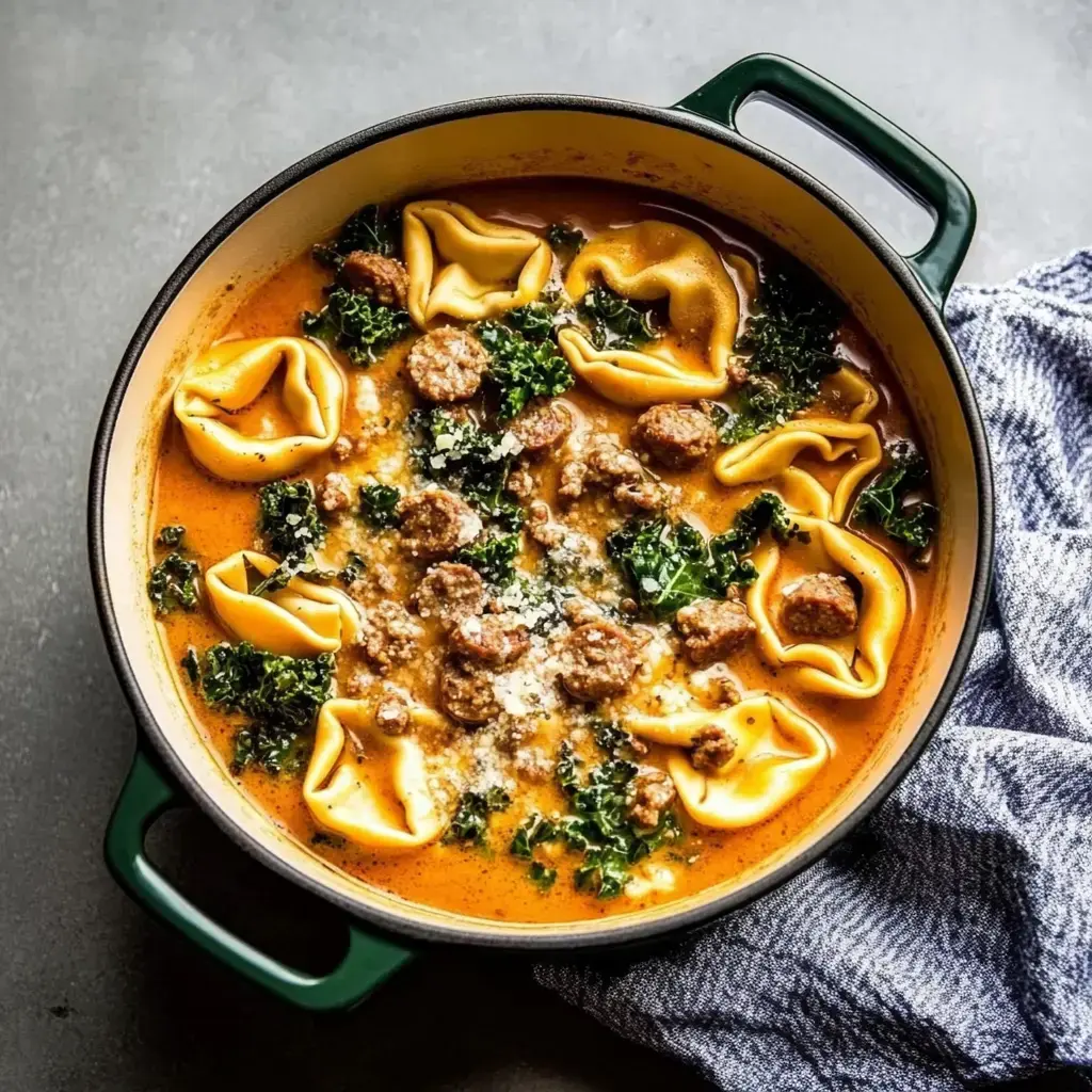 A pot of creamy soup featuring tortellini, sausage, kale, and grated cheese, with a blue and white cloth nearby.