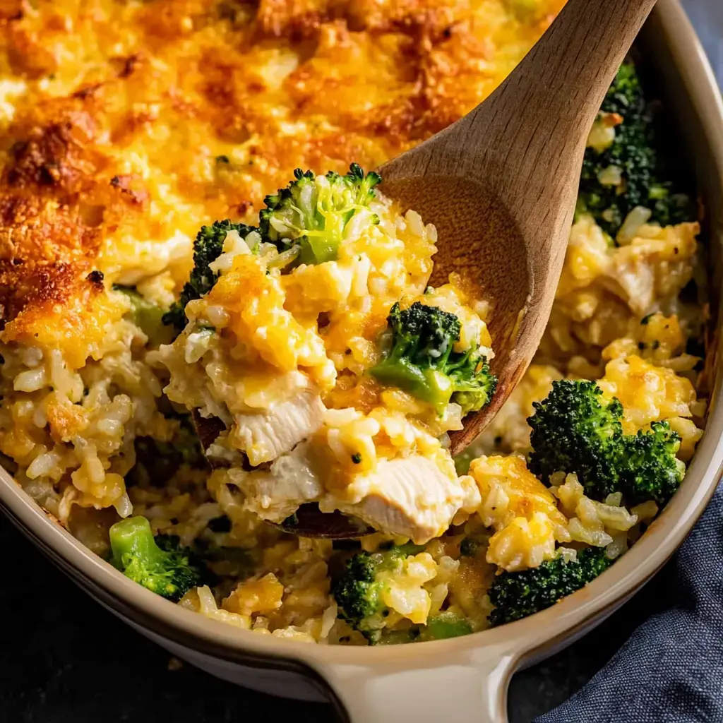 A wooden spoon is lifting a creamy chicken and broccoli casserole from a baking dish, showcasing the cheesy topping and colorful vegetables.