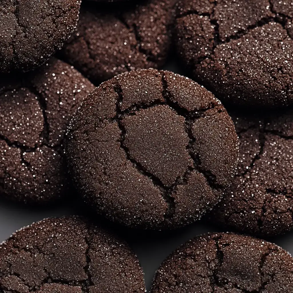 A close-up of several dark chocolate cookies, featuring a cracked surface and a sparkling sugar coating.