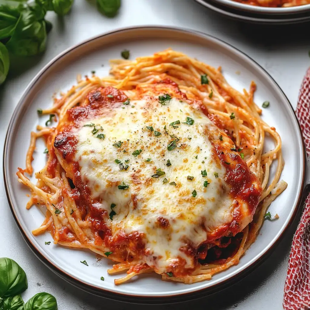 A serving of baked spaghetti topped with melted cheese and garnished with herbs sits on a white plate next to fresh basil.