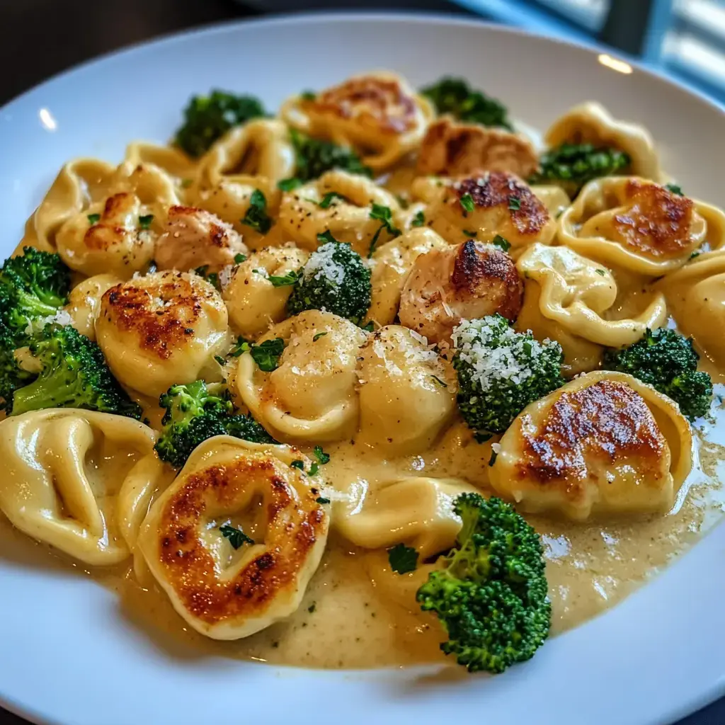 A white bowl filled with creamy pasta topped with sautéed chicken pieces and steamed broccoli florets.