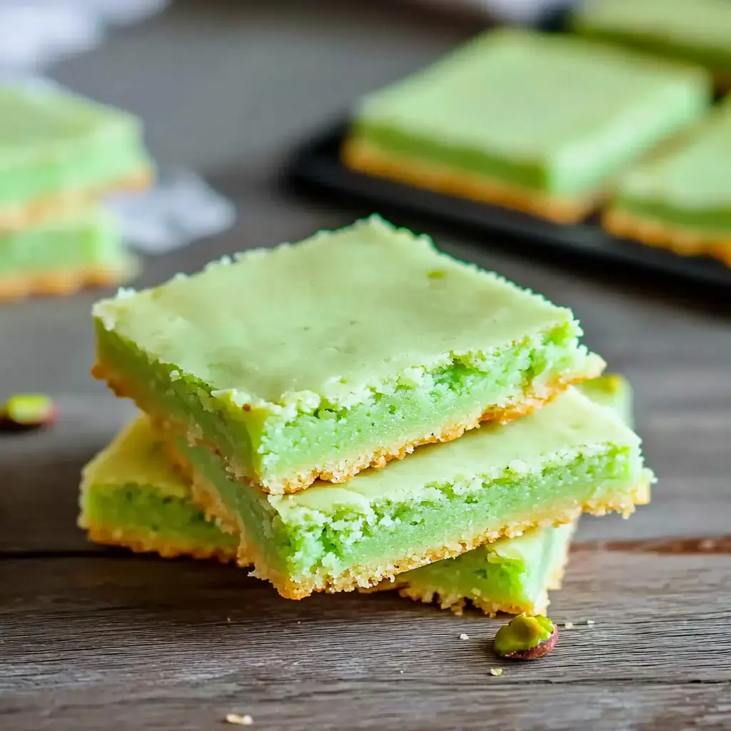 A stack of green pistachio bars with a crumbly crust sits on a wooden surface, with more bars in the background.