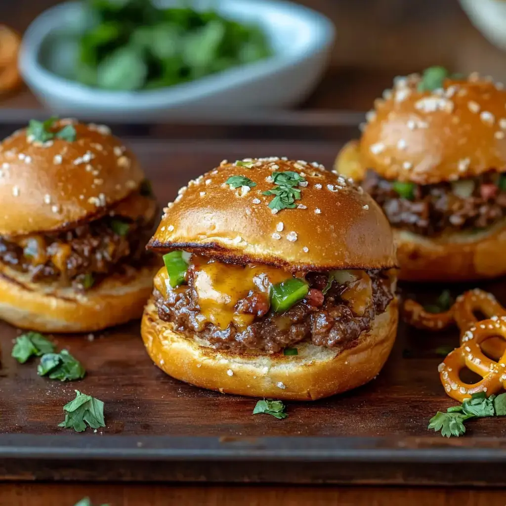 Three savory sliders topped with melted cheese, green peppers, and garnished with herbs, served on a wooden platter with pretzels in the background.