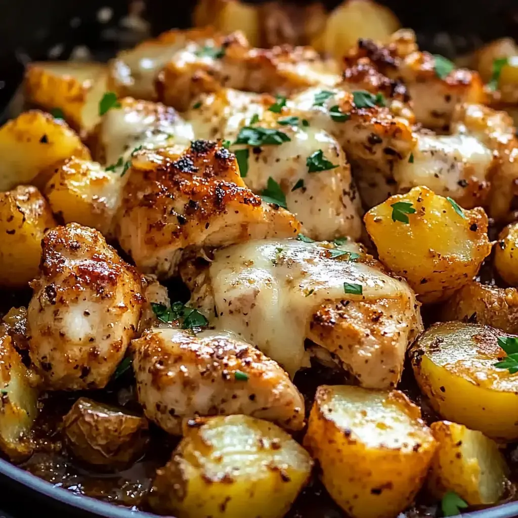 A close-up image of seasoned chicken pieces and golden roasted potatoes topped with melted cheese and garnished with fresh parsley.