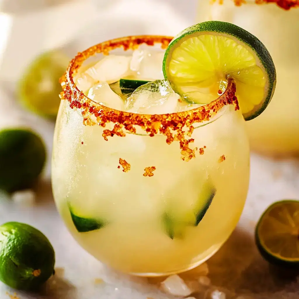 A close-up of a refreshing cocktail garnished with a lime slice and rimmed with red salt, surrounded by lime halves and ice.