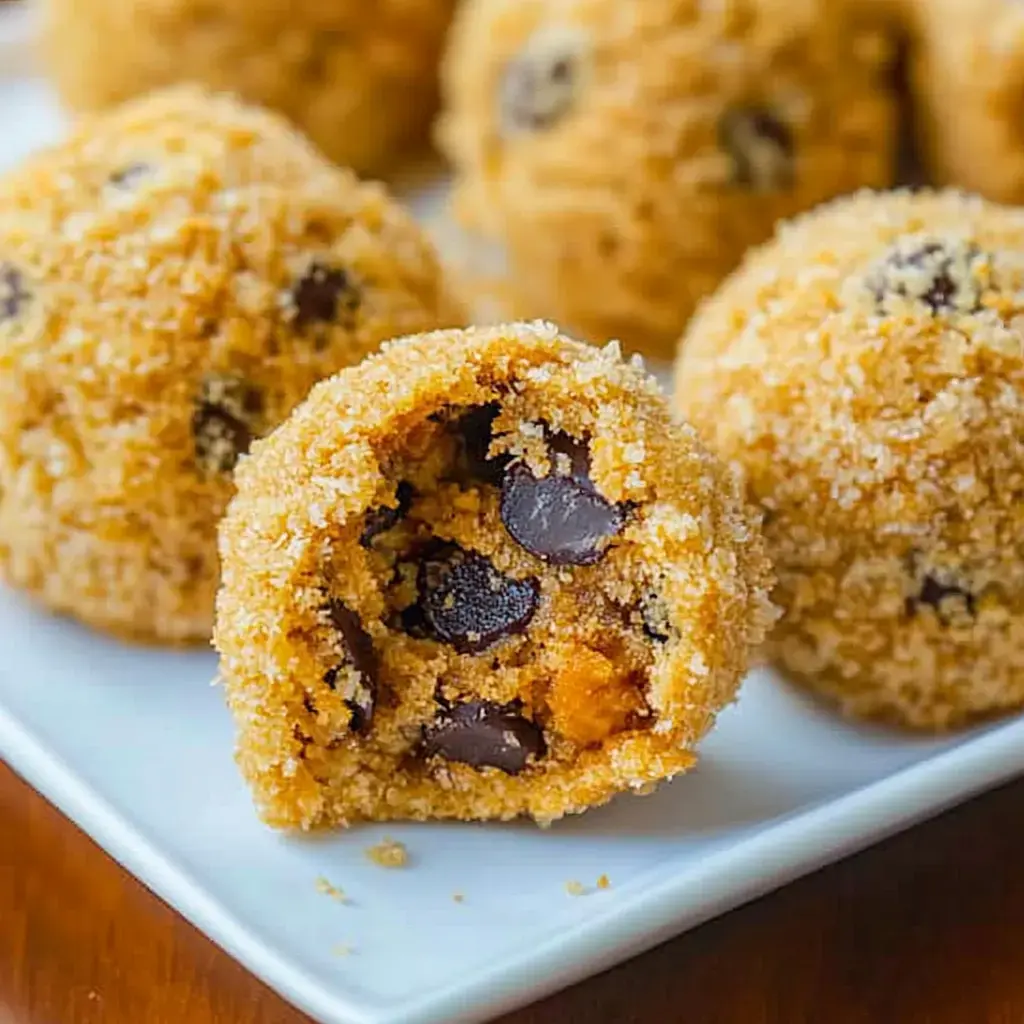 A close-up image of a partially bitten sweet treat, revealing chocolate chips inside, with other similar round snacks in the background.