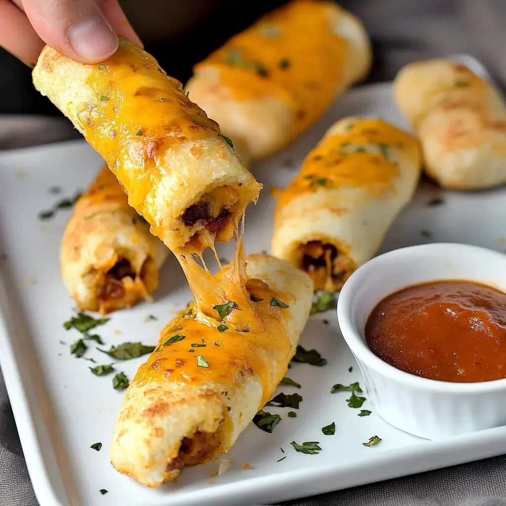 A hand lifts a cheesy, stuffed rolled tortilla, revealing melted cheese and a plate of similar rolls, accompanied by a small bowl of sauce.