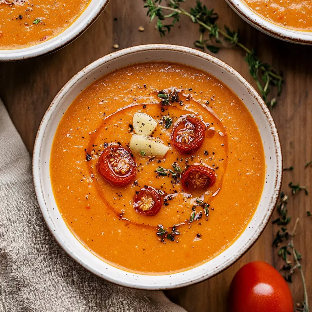 A bowl of vibrant orange soup topped with roasted cherry tomatoes, garlic, and thyme, accompanied by a cloth napkin and a whole tomato.