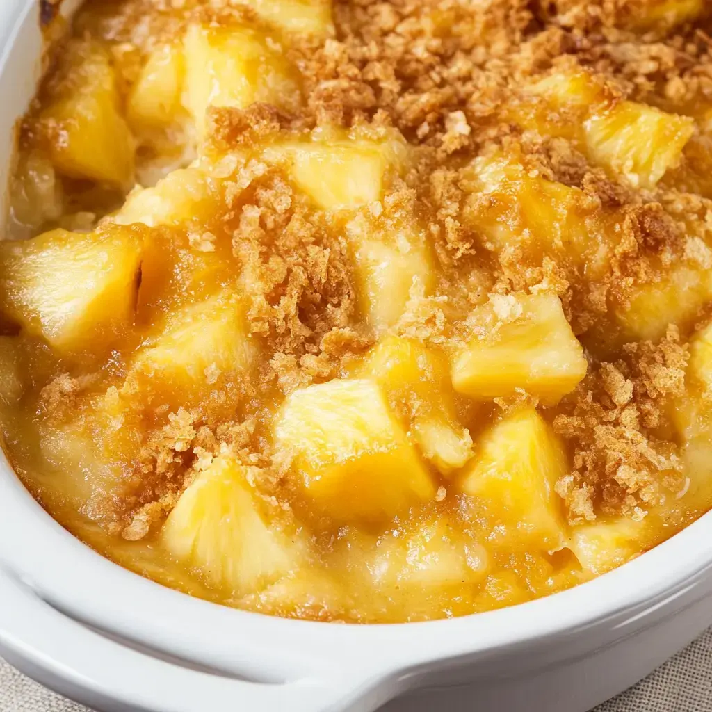 A close-up of a baked pineapple dish topped with a golden brown, crumbly topping.