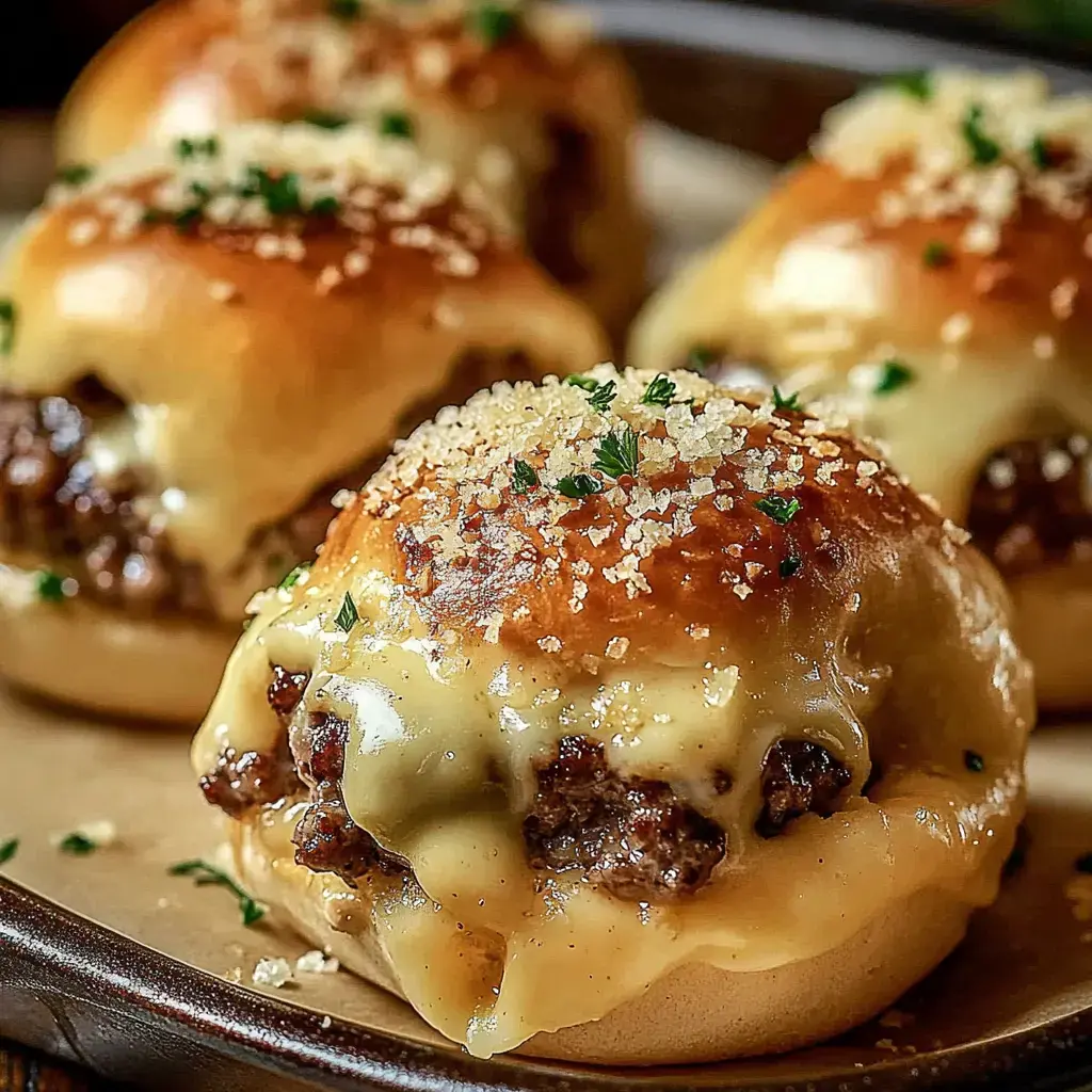 A close-up image of fluffy, golden-brown buns topped with melted cheese, herbs, and crispy bits, filled with seasoned meat.