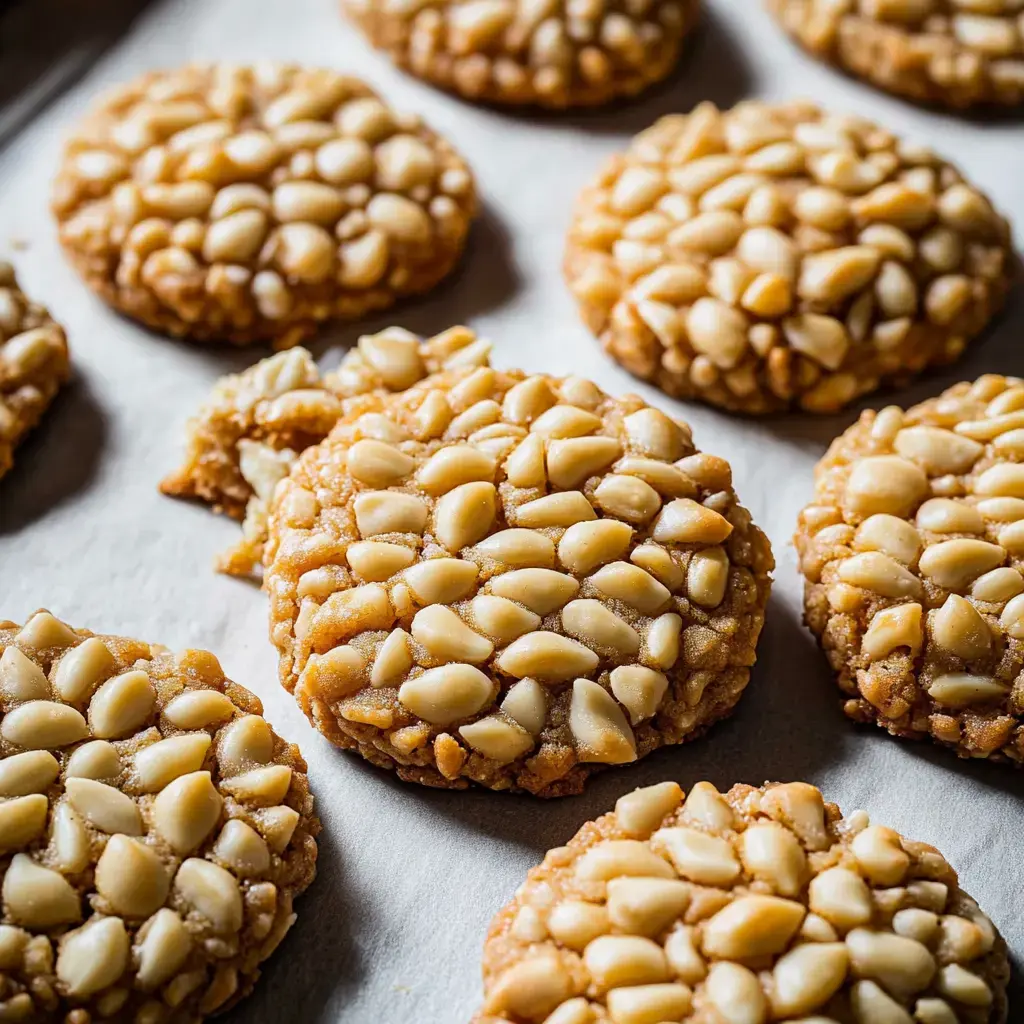 A close-up image of round cookies topped with pine nuts, arranged on a baking sheet lined with parchment paper.