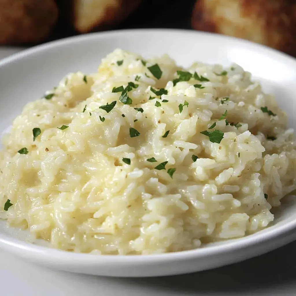 A close-up of creamy risotto topped with chopped parsley, served in a white dish.