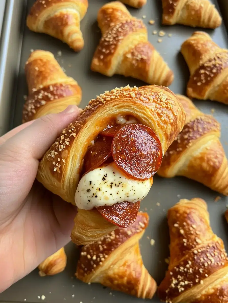 A hand holds a freshly baked croissant stuffed with pepperoni and cheese, with more croissants visible in the background.