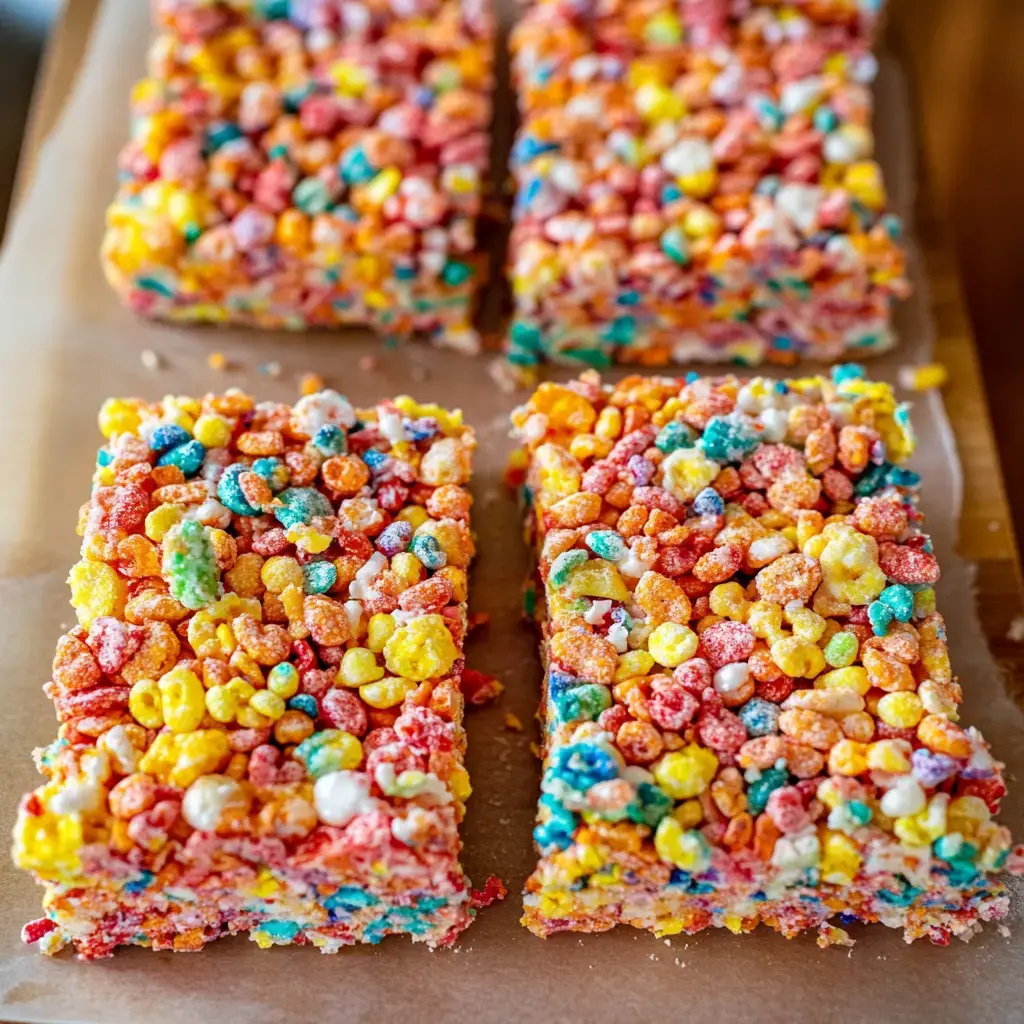 A close-up of colorful cereal bars featuring vibrant pieces of fruity cereal on a wooden surface.