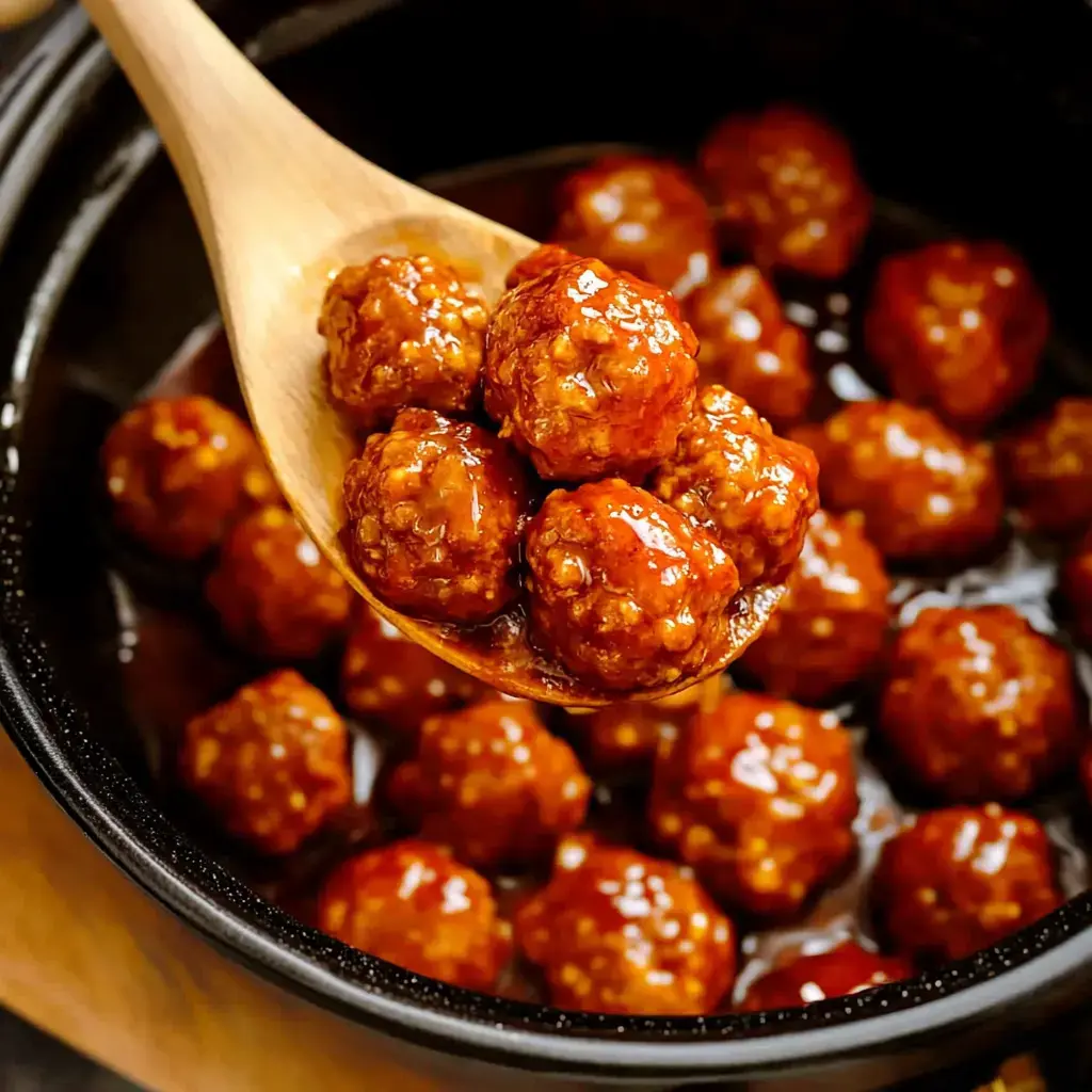 A wooden spoon holds several glazed meatballs above a pot filled with more meatballs in sauce.