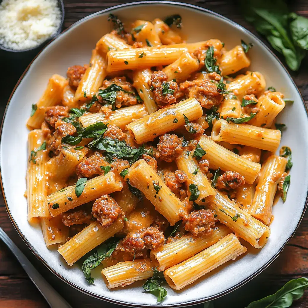 A bowl of rigatoni pasta is topped with sausage and garnished with fresh herbs in a creamy sauce.