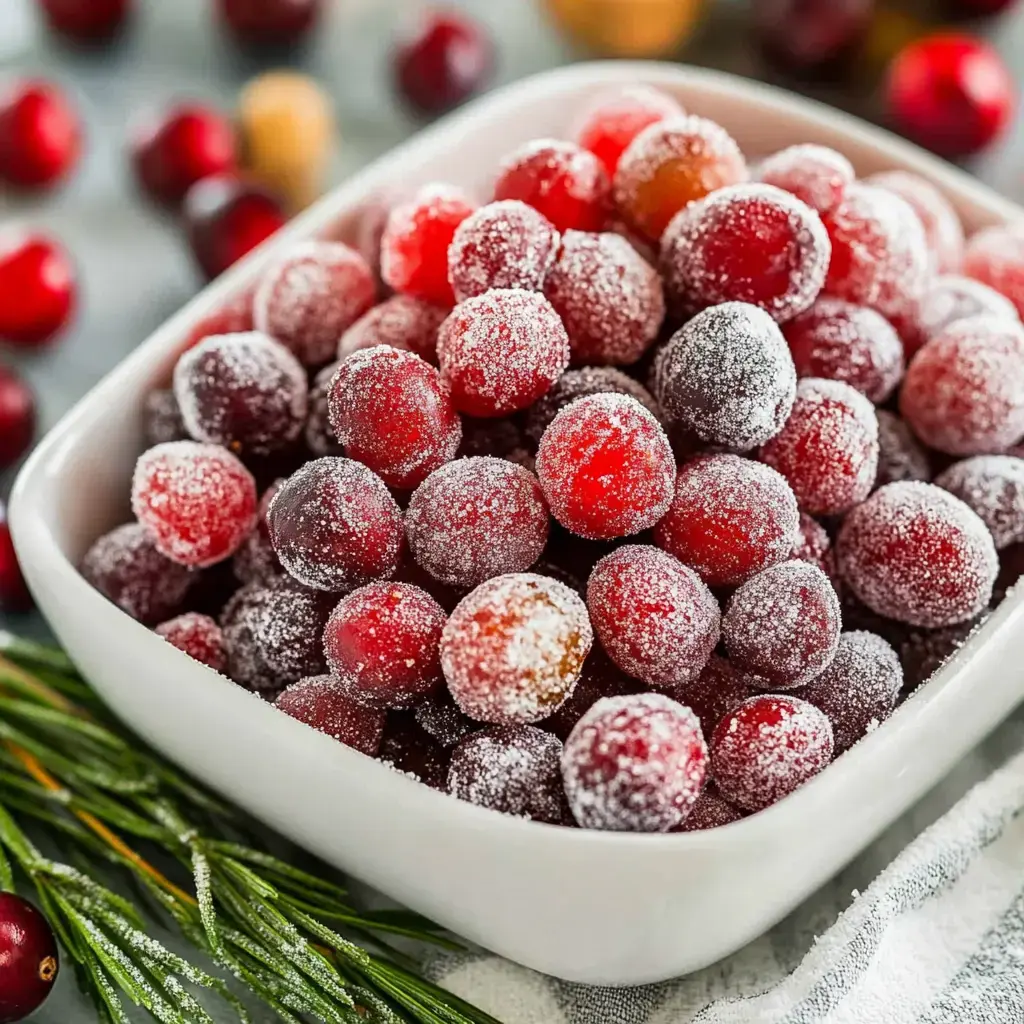 A bowl filled with sugared cranberries surrounded by fresh greenery.