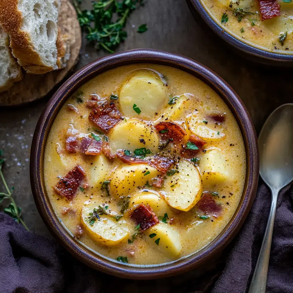 A bowl of creamy potato soup with bacon pieces, garnished with herbs, accompanied by a slice of bread.