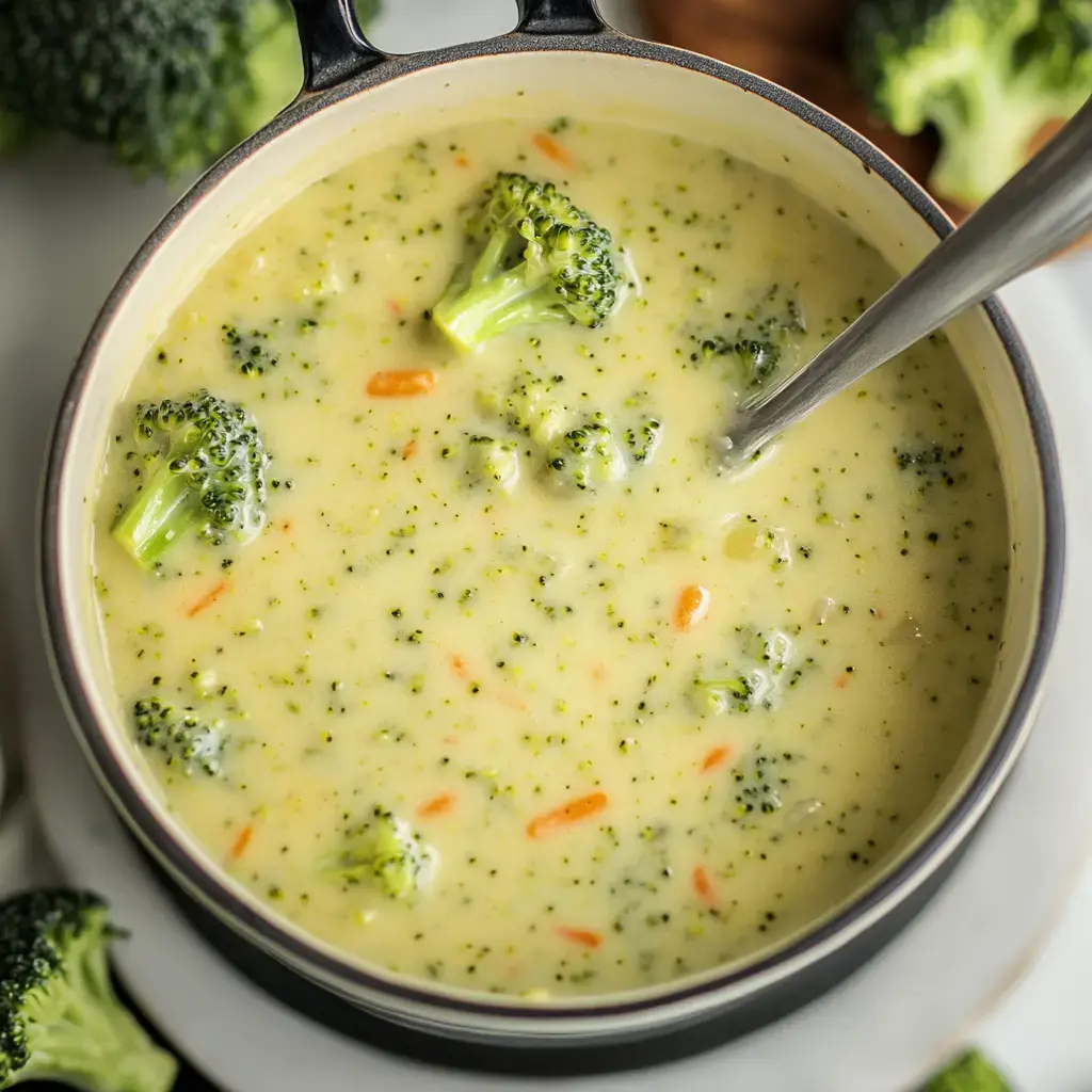 A bowl of creamy broccoli soup with pieces of broccoli and carrots, accompanied by fresh broccoli in the background.