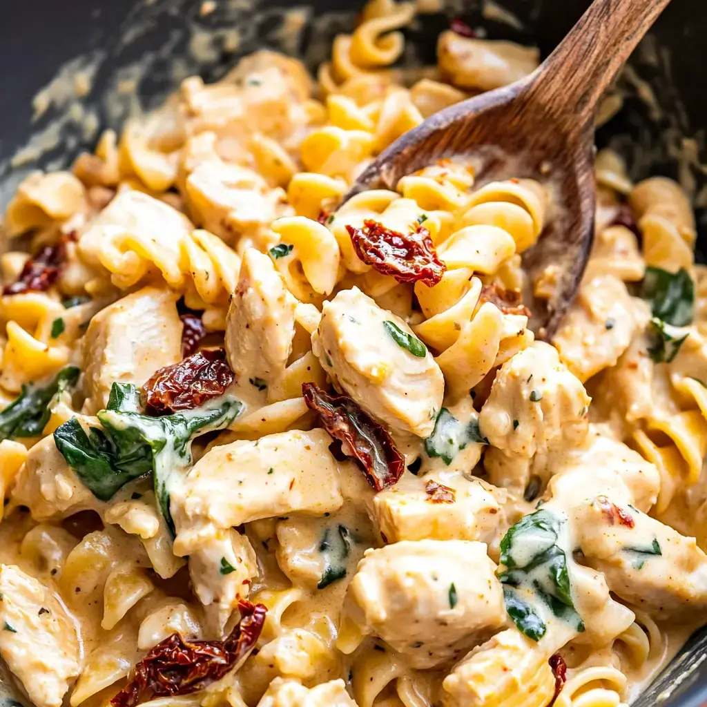 A creamy pasta dish featuring rotini, chicken pieces, spinach, and sun-dried tomatoes, stirred with a wooden spoon.