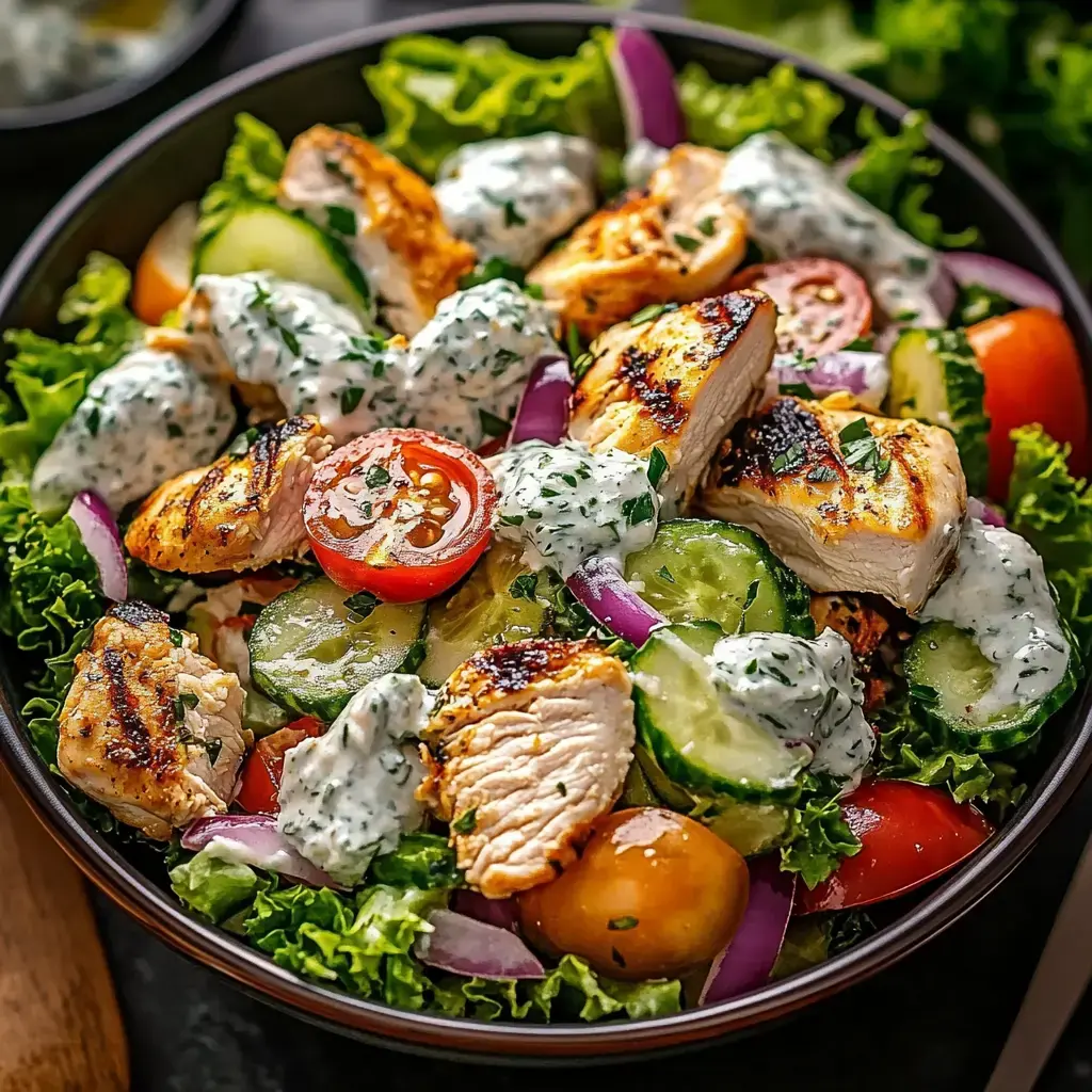 A vibrant salad featuring grilled chicken, mixed greens, cherry tomatoes, cucumbers, red onions, and a creamy herb dressing.