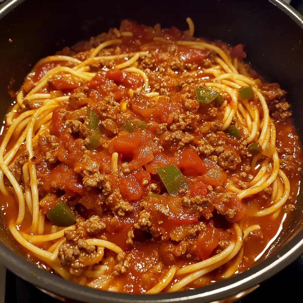 A pot of spaghetti topped with a mixture of ground beef, diced tomatoes, and green peppers in a savory sauce.