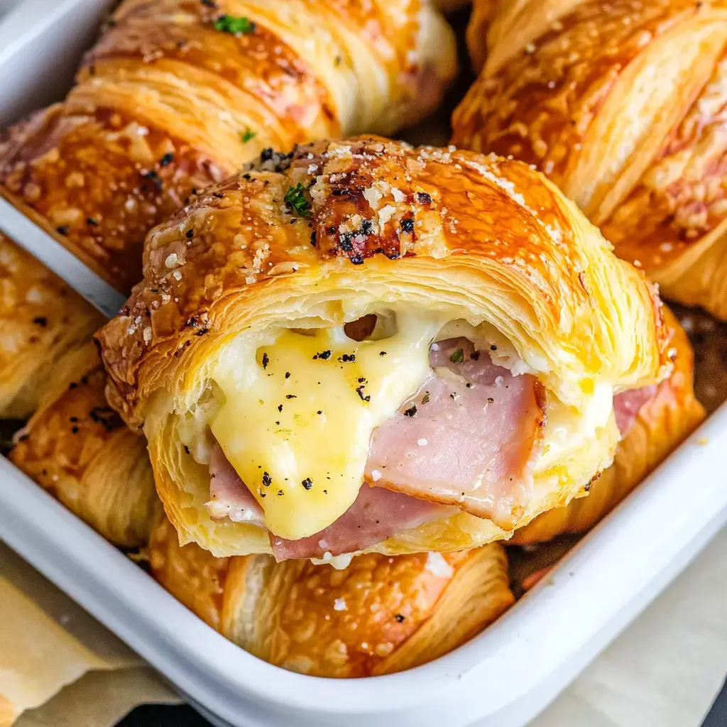 A close-up of a flaky pastry filled with melted cheese and ham, surrounded by more pastries in a white dish.