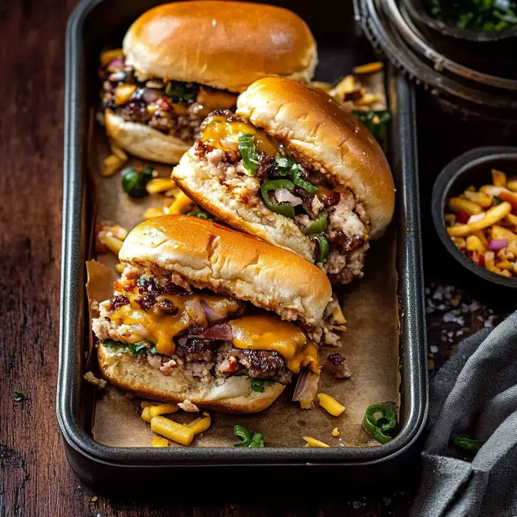 Three sliders with cheese, toppings, and sauces are arranged on a tray, accompanied by a small dish of toppings.